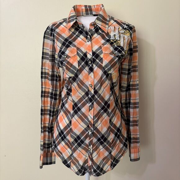 Harley Davidson Button Up Shirt Womens M Orange Plaid Rhinestone Angel Back Logo - Picture 2 of 16